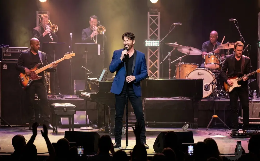 A band performs on stage with a singer in a blue jacket in the foreground.