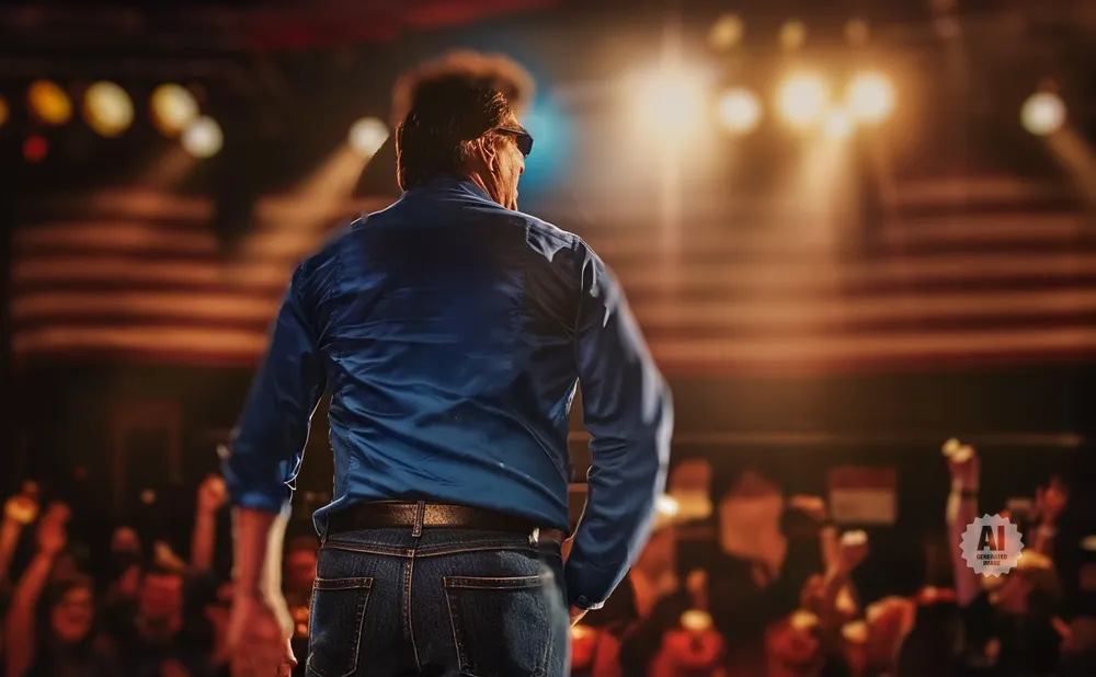 Man in a blue shirt and jeans facing away from camera on a stage, American flags and audience in background.