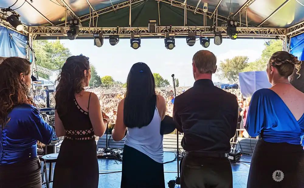 Performers on stage facing a large audience under a tent.