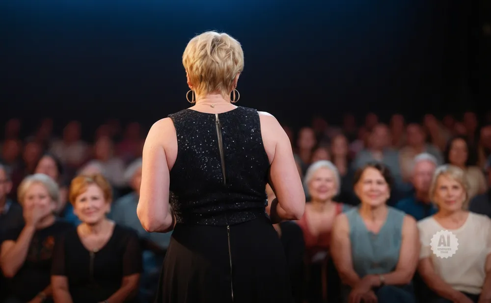 A woman in a sparkly black dress faces away from the camera, addressing an audience.