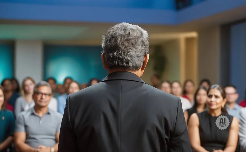 A man in a suit speaks to an audience in a conference room.