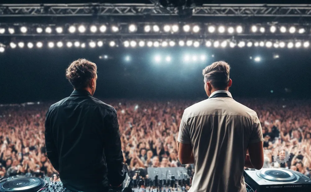 Two DJs stand on stage, facing a massive, cheering crowd under bright stage lights.