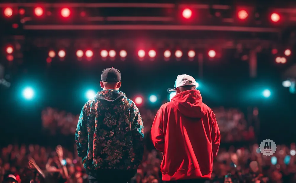 Two people in hoodies and baseball caps stand on a stage, facing away from the camera, with a blurred crowd and bright stage lights behind them.
