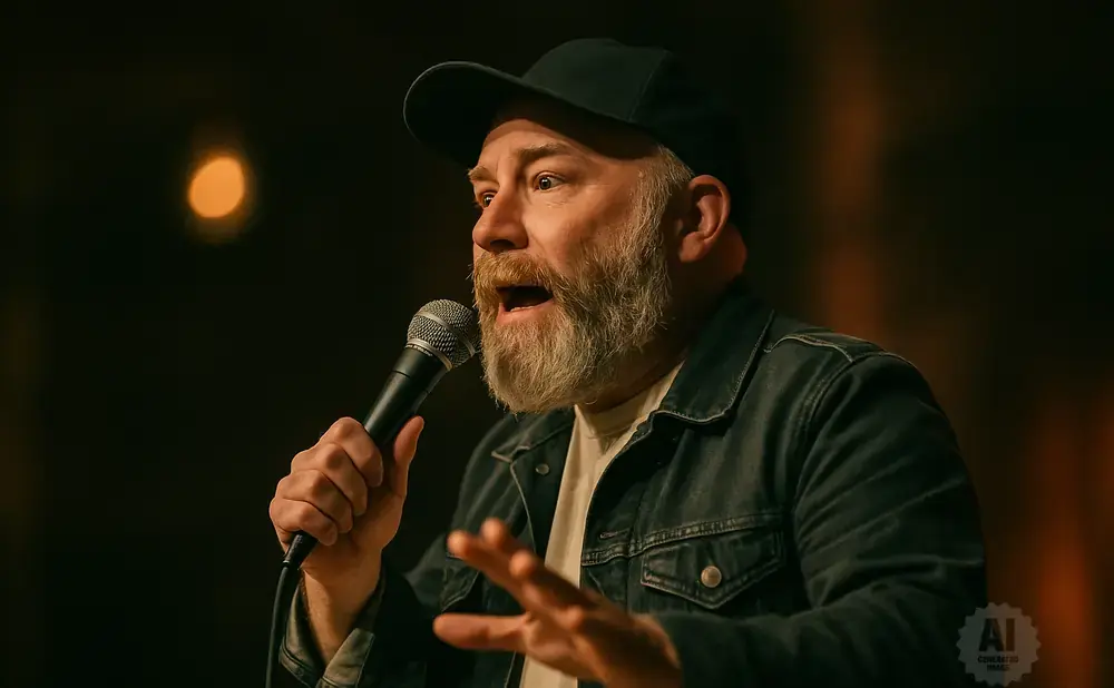 A man with a beard wearing a black baseball cap and denim jacket speaks into a microphone.