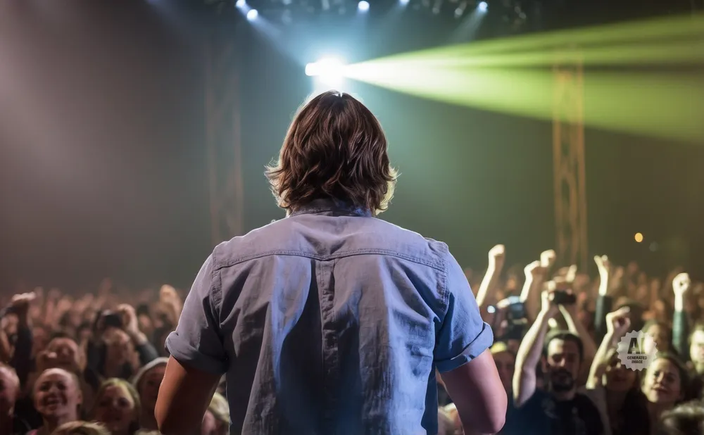 A person in a blue shirt faces a cheering crowd with their back to the camera, illuminated by stage lights.