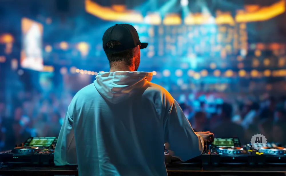 DJ at turntables at a concert with a crowd in the background.