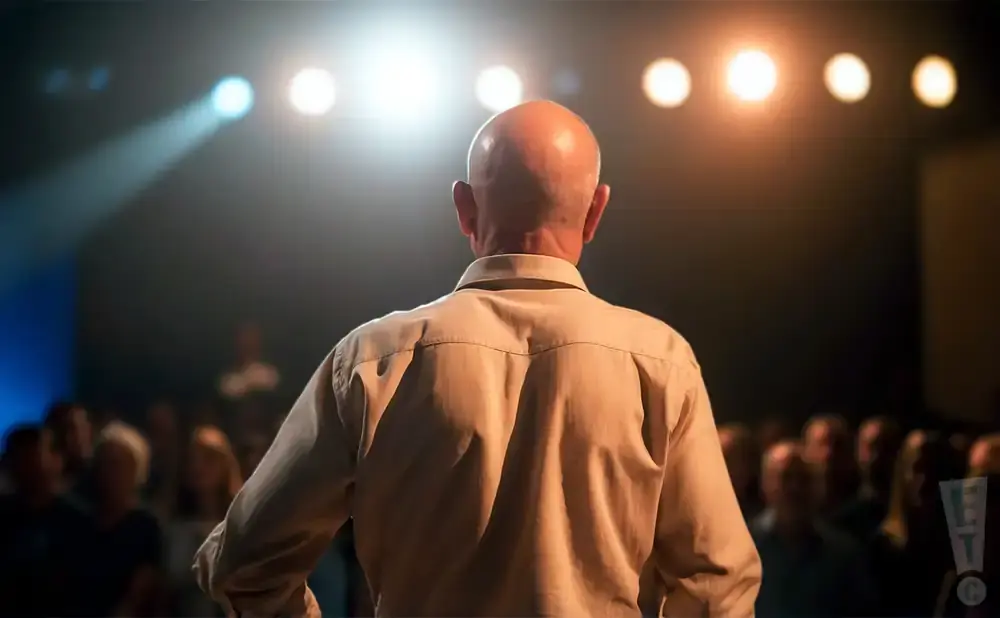 A bald man in a light brown shirt stands with his back to the camera, facing a bright stage with an audience.