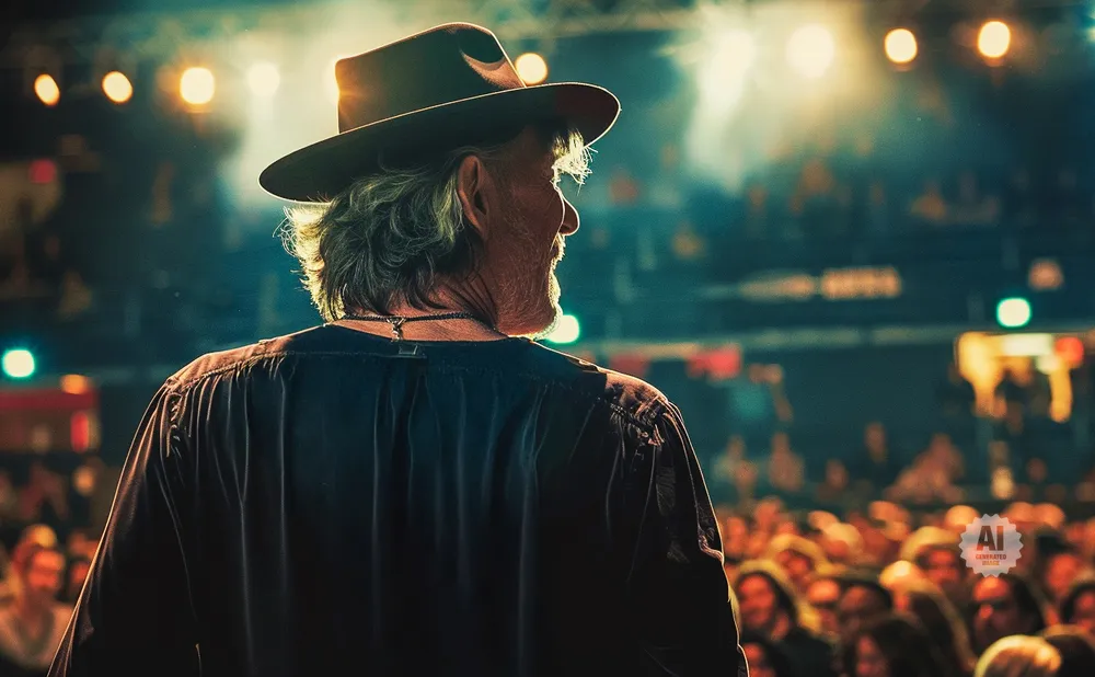 A man in a hat on stage at a concert, facing away from the camera with the audience in the background.