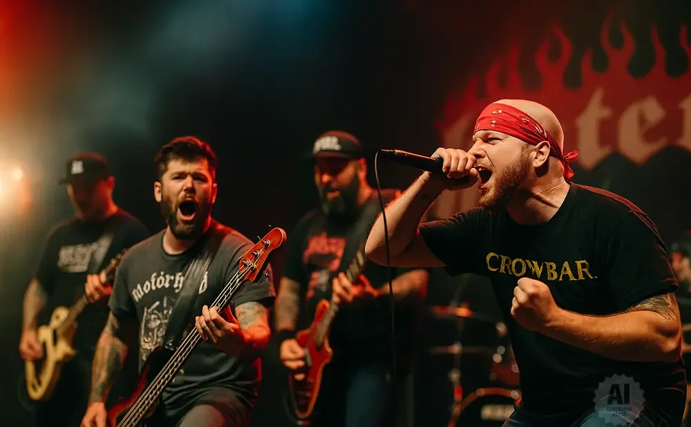 A bald man in a red bandana sings into a microphone on stage, with bandmates playing guitar and bass behind him.