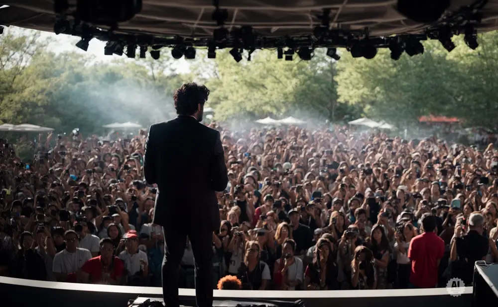 A man in a suit stands on stage facing a large, enthusiastic crowd at an outdoor concert.