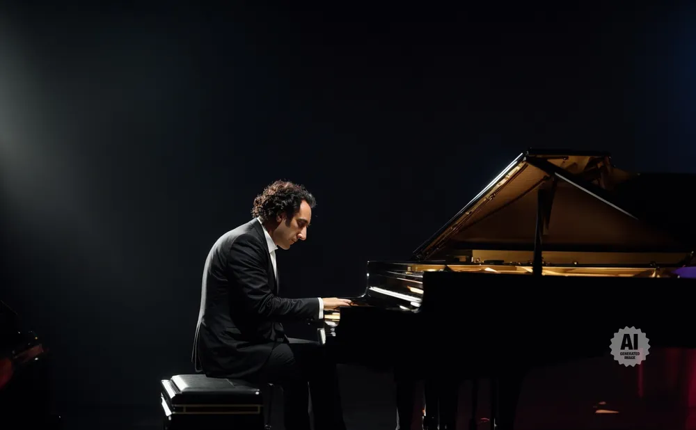 A man in a suit plays a grand piano on a dark stage.