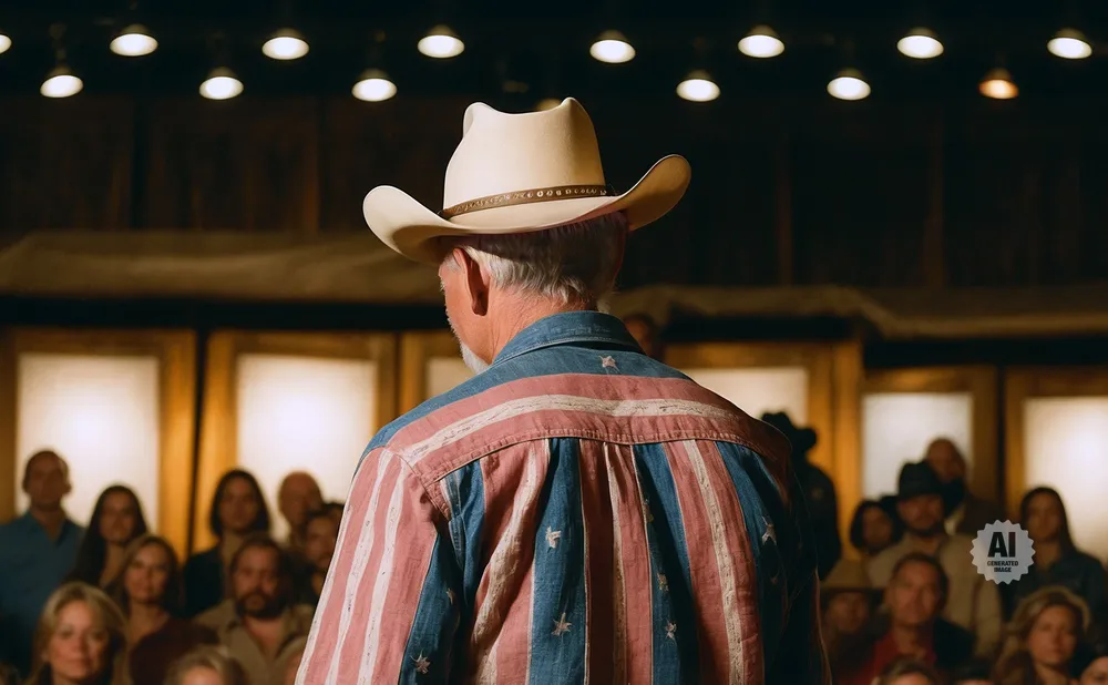 Man in cowboy hat and American flag-patterned shirt faces audience.