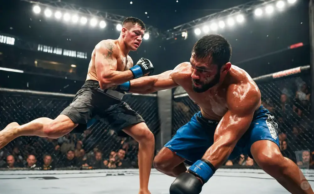 Two MMA fighters in a cage, one throwing a punch while the other dodges.