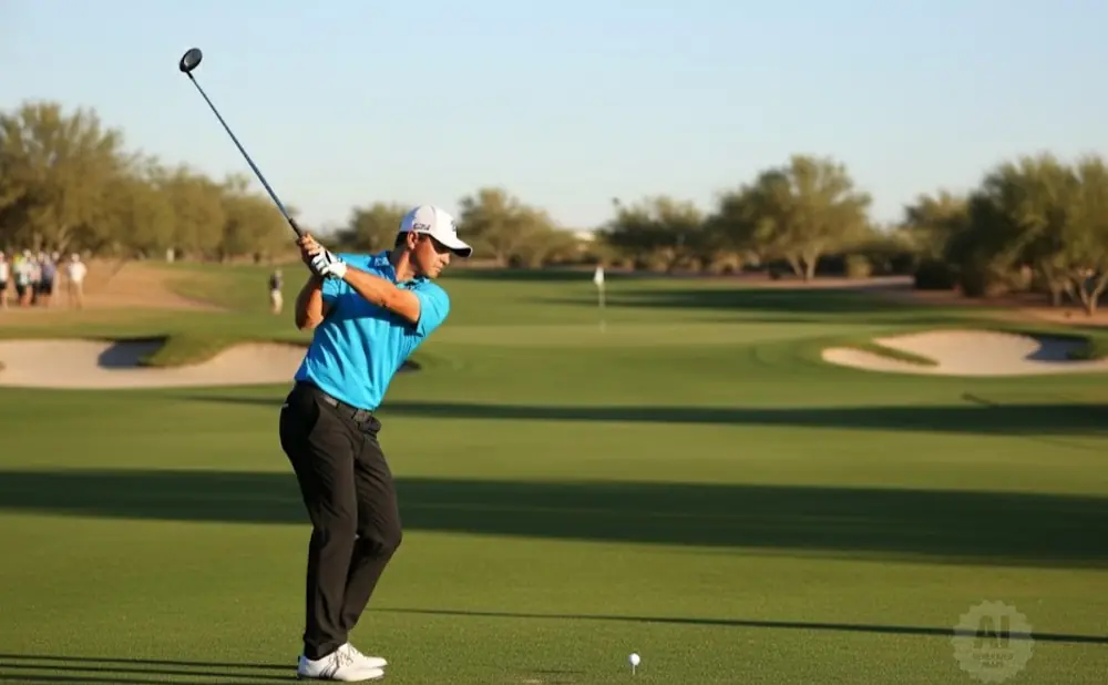 Golfer swings club on a sunny golf course with trees and sand traps in the background.