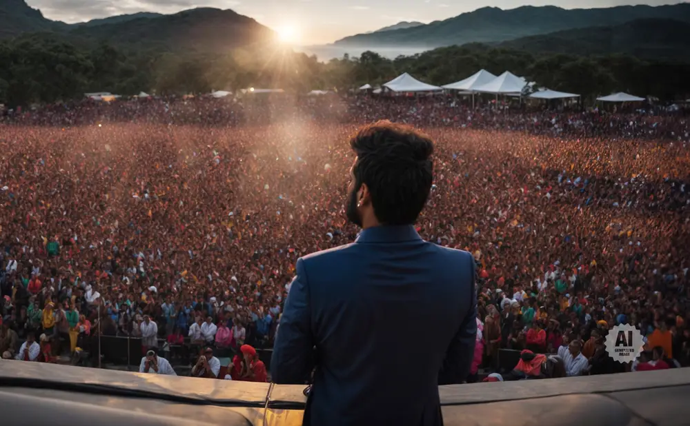 Man in a suit on stage looks out at a massive outdoor concert crowd at sunset.