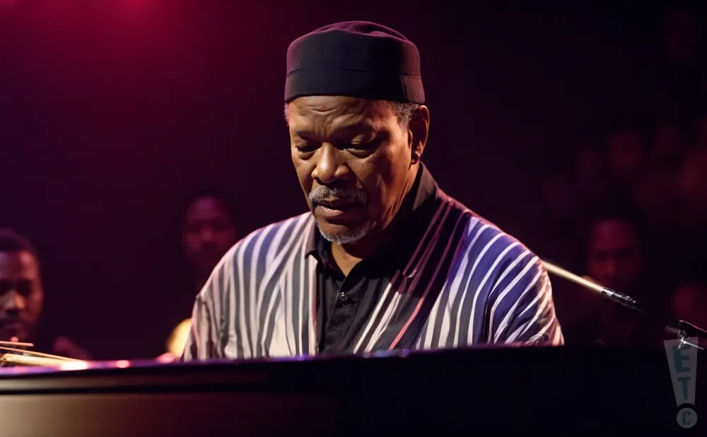 An older Black man with a mustache and goatee plays the piano, wearing a black kufi and a striped shirt.