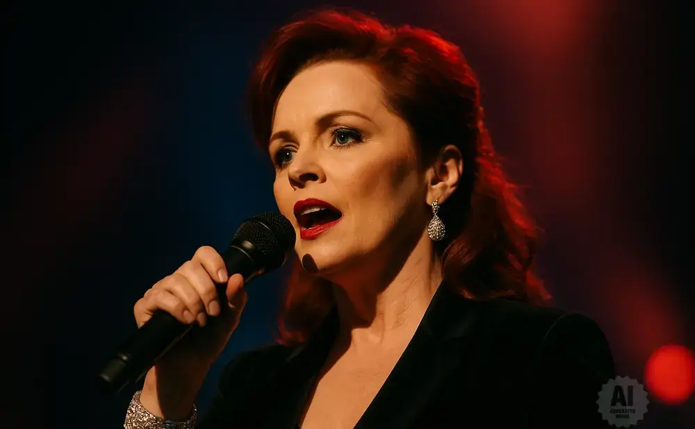 Woman with red hair sings into a microphone, wearing a black jacket and sparkling earrings.