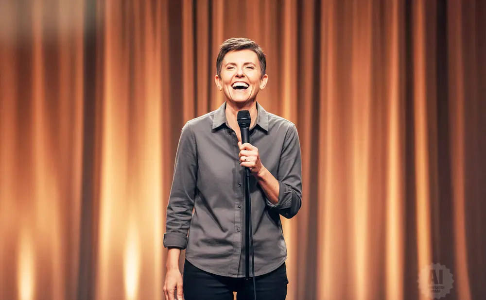 A woman with short hair laughs while holding a microphone on a stage with orange curtains.