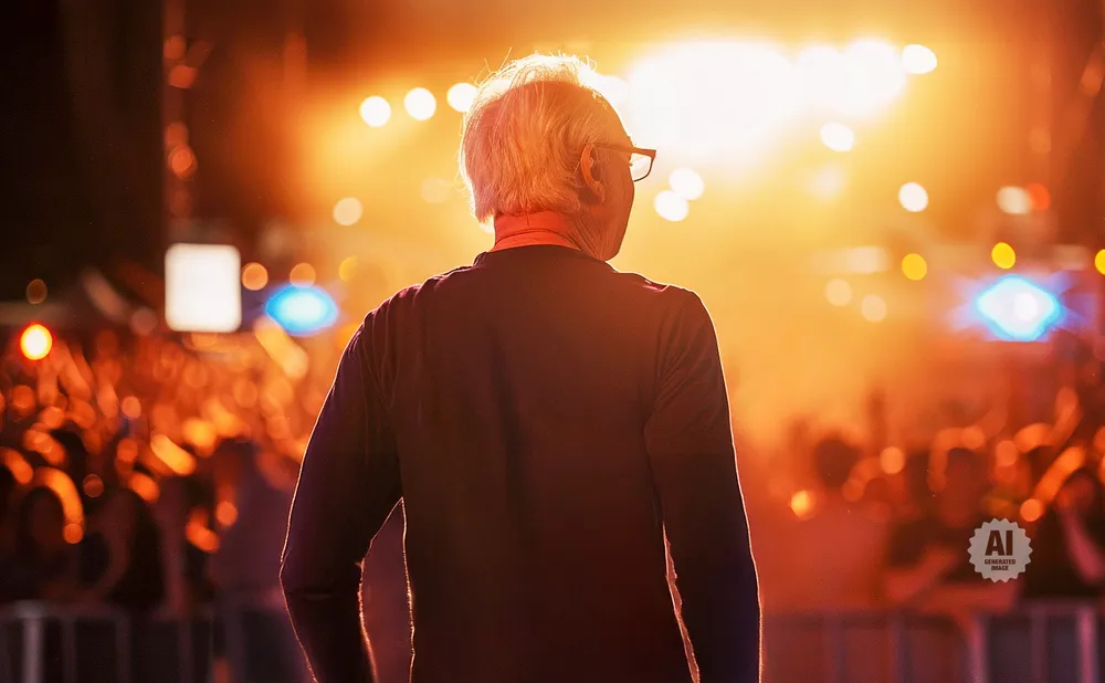 An older man in glasses stands with his back to the camera, facing a brightly lit stage at a concert.