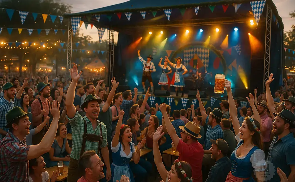 A crowd enjoys a lively outdoor festival with a band on stage, people in traditional Bavarian attire, and a person holding up a beer.