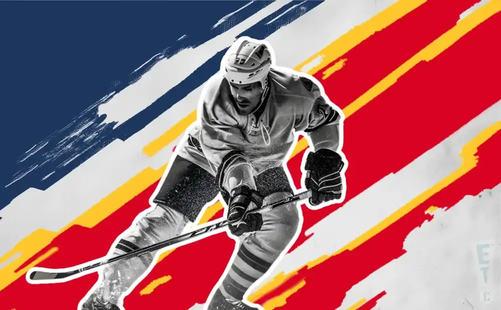 Hockey player in action with a stylized, abstract background of red, yellow, and blue brushstrokes.