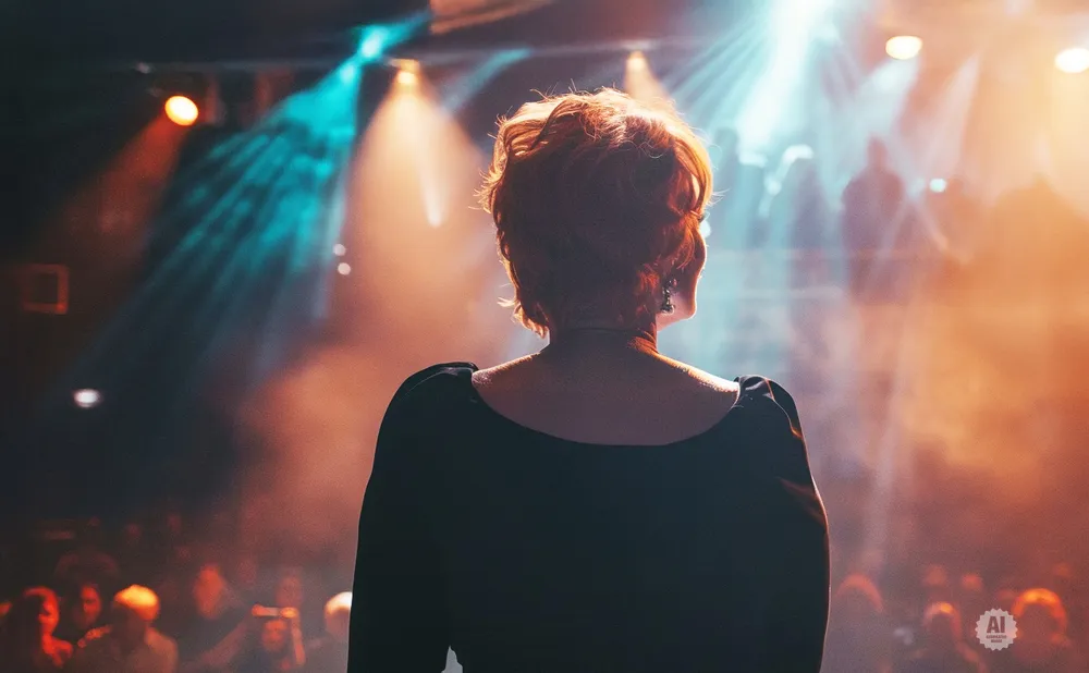 A woman with red hair stands on a stage, facing away from the camera, bathed in spotlight.