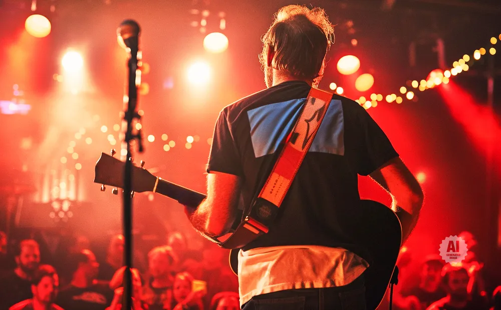 A guitarist plays on a stage lit by red lights, with a blurry audience in the background.