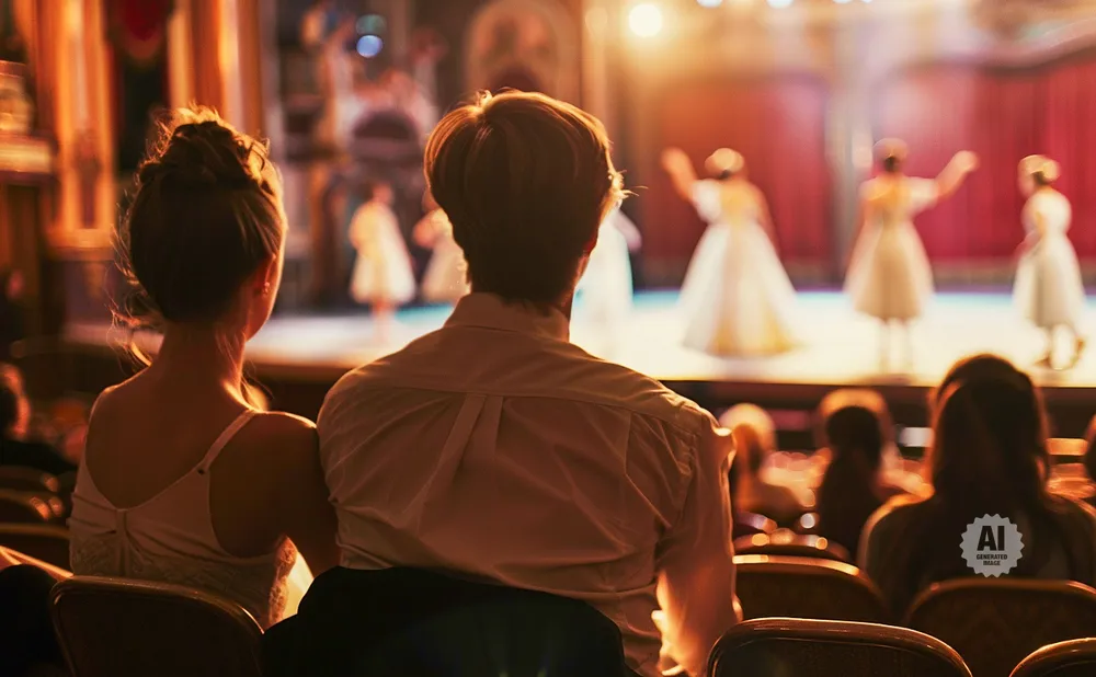 Couple watches ballet performance from audience seats, with dancers in white dresses on stage.