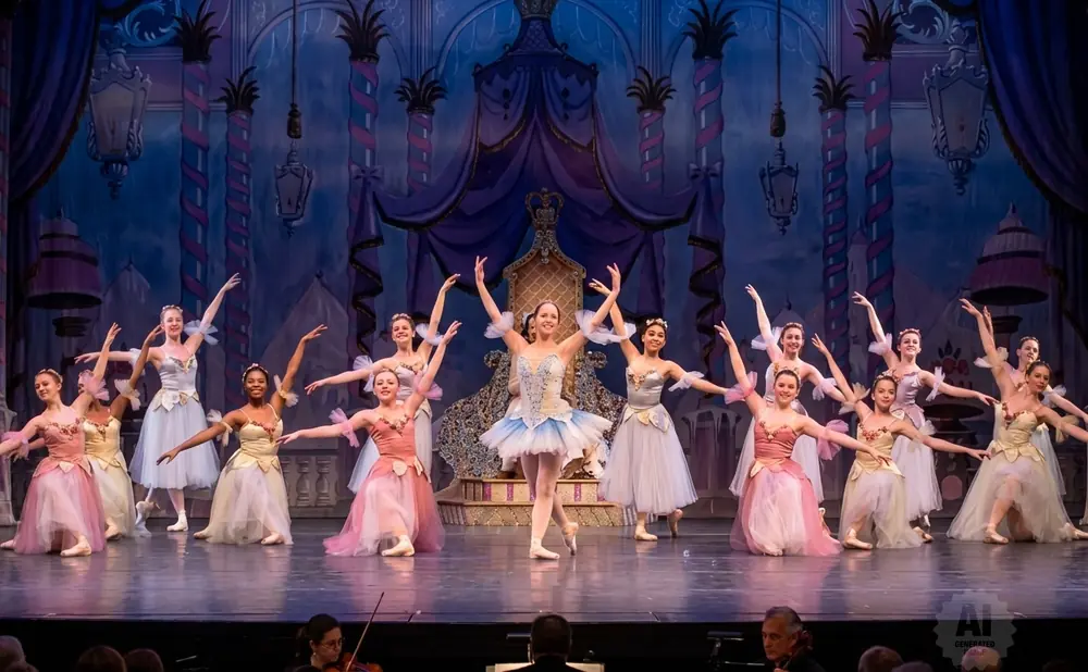 Ballet dancers in tutus and tiaras perform on a stage with a regal backdrop.