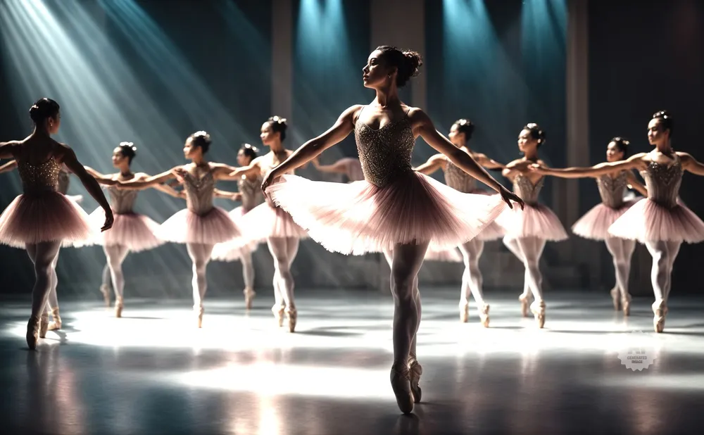 A group of ballerinas in pink tutus dance on stage under spotlights.
