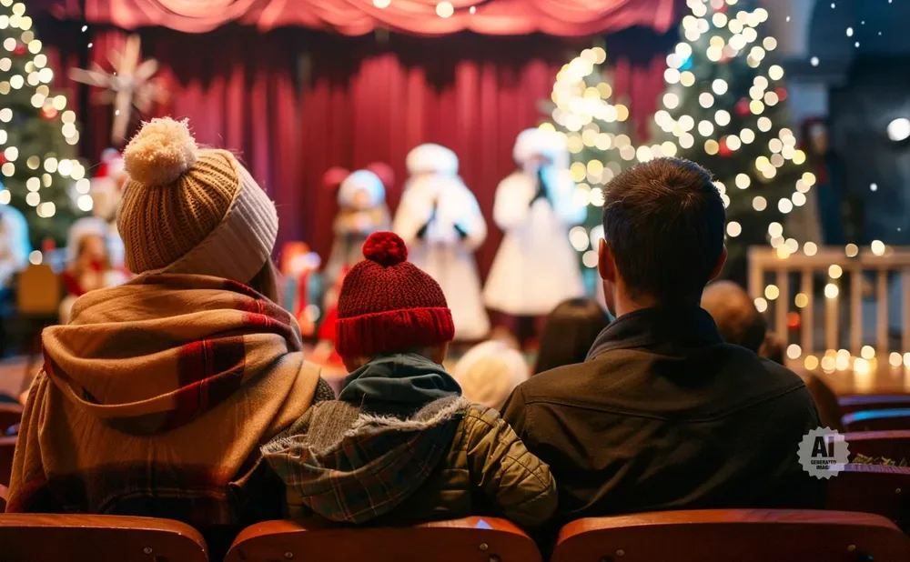 Family watches a holiday performance in front of a decorated stage with Christmas trees.