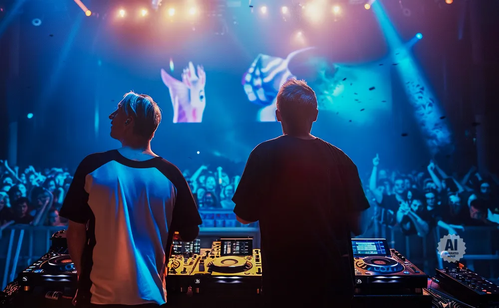 Two DJs perform on stage in front of a cheering crowd, illuminated by blue and pink stage lights.