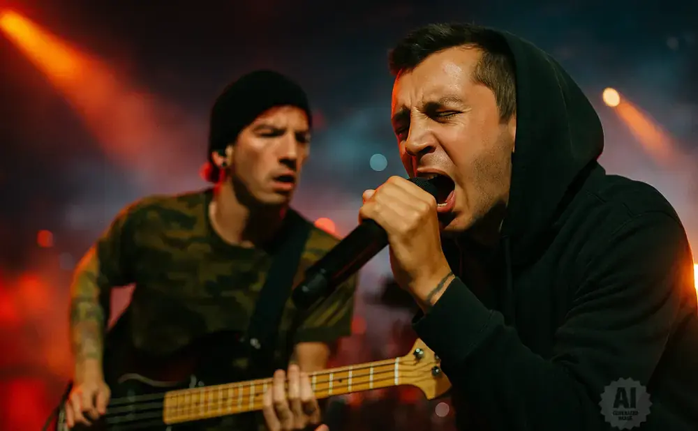 Tyler Joseph and Josh Dun of Twenty One Pilots perform on stage.