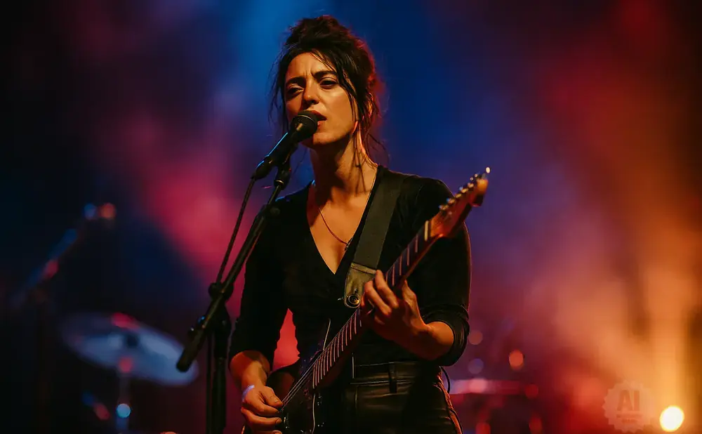 A female guitarist sings into a microphone on a dimly lit stage with red and blue lights.