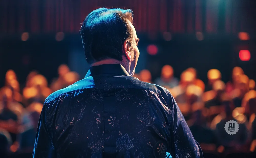 Man in a dark patterned shirt, facing an audience in a dimly lit theater.