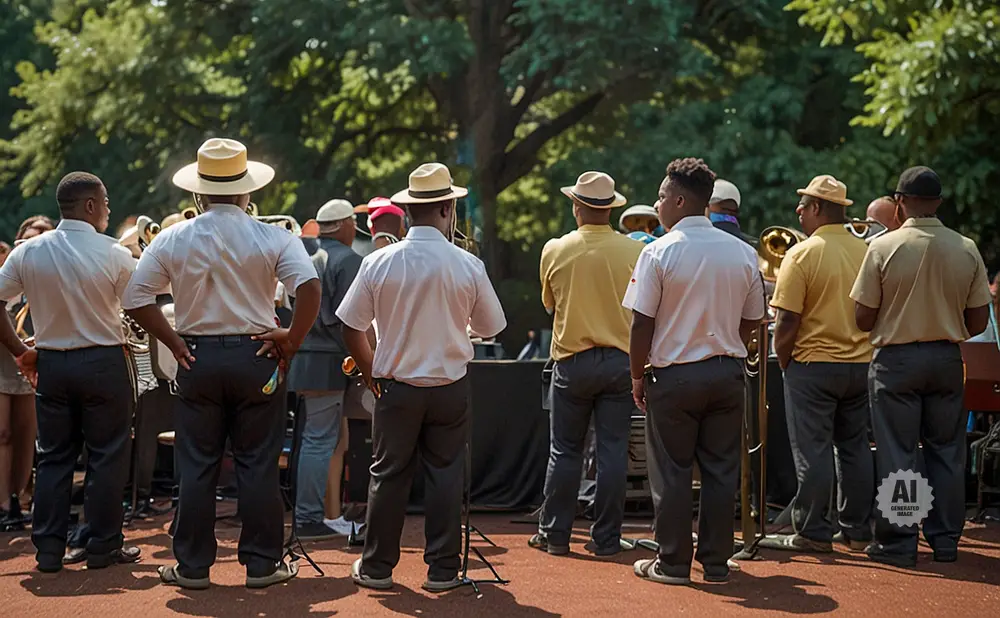 A brass band stands facing away from the camera, instruments ready.