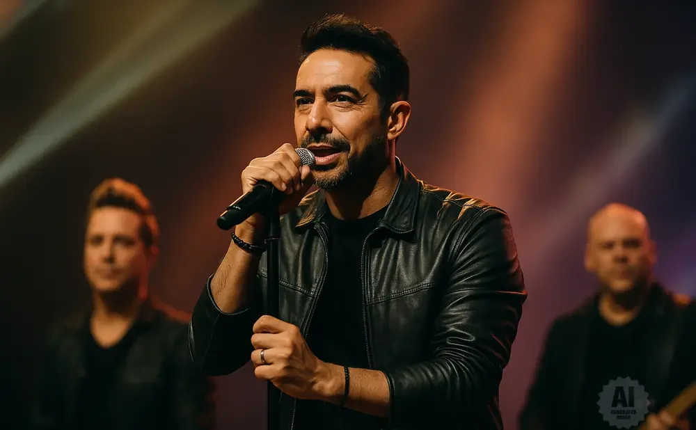 A male singer in a black leather jacket holds a microphone on stage, with bandmates blurred in the background.