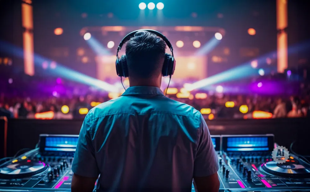 DJ with headphones on, playing music at a club with a crowd and colorful lights.