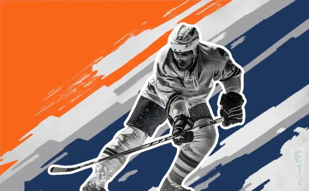 A hockey player in mid-action on a graphic background with orange, blue, and white stripes.