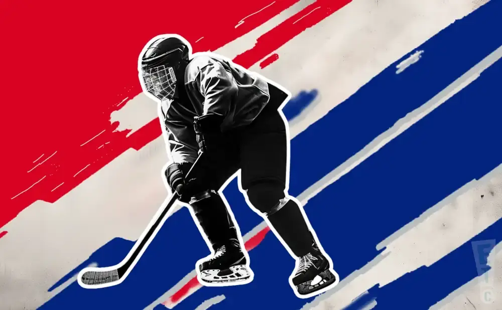 A hockey player in black and white on a red, white, and blue striped background.