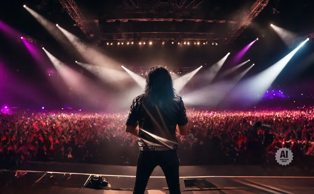 A rockstar on stage faces a massive crowd under bright stage lights.