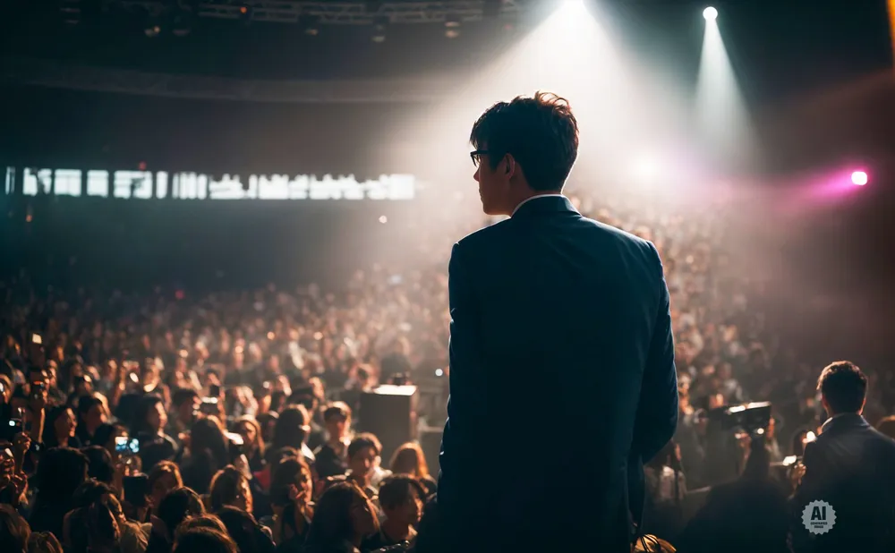 A speaker in a suit addresses a large, cheering audience under bright spotlights at a concert or event.