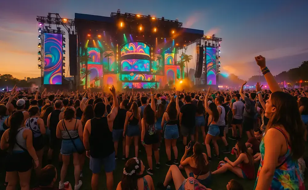 A large crowd enjoys a vibrant outdoor music festival with a colorful stage and sunset sky.