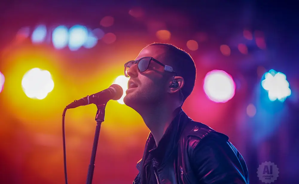A singer wearing sunglasses and a leather jacket performs into a microphone on a brightly lit stage.