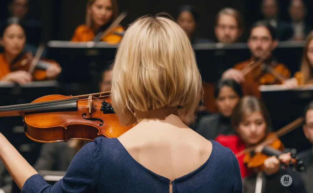 A violinist in a blue dress plays in an orchestra, with other musicians blurred in the background.