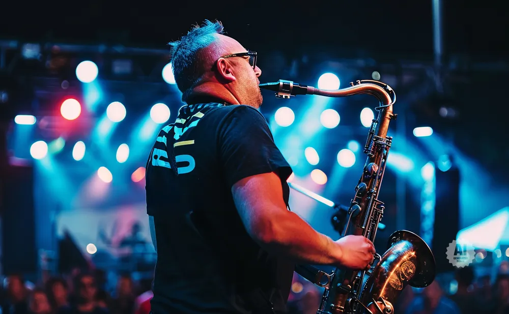 Man playing a saxophone on a stage with colorful lights.