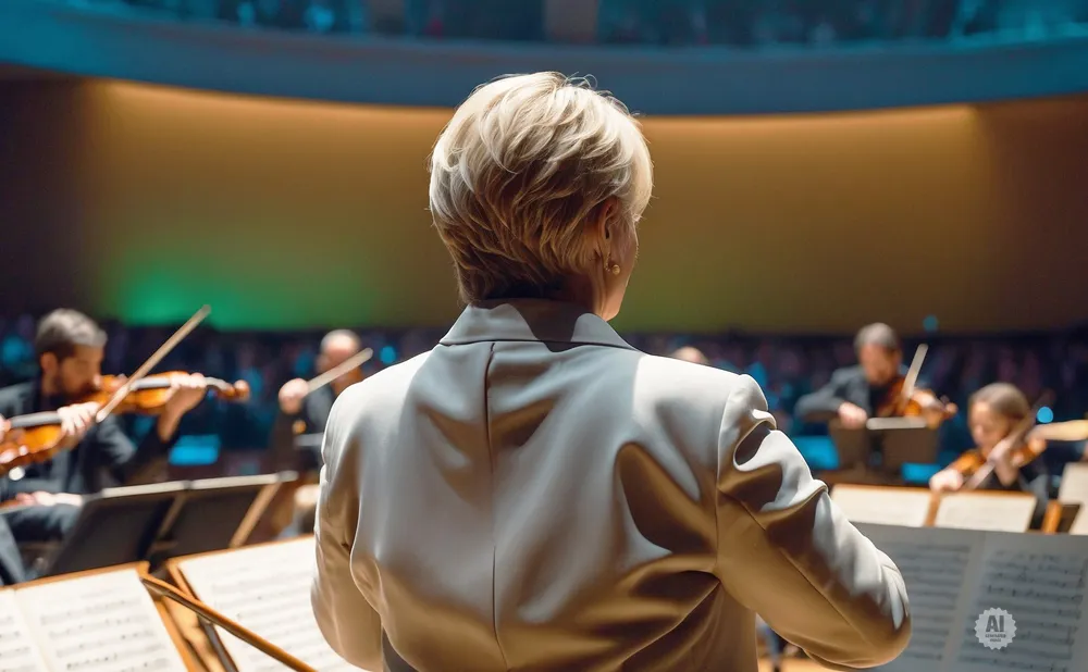 A conductor, viewed from behind, leads an orchestra playing violins.