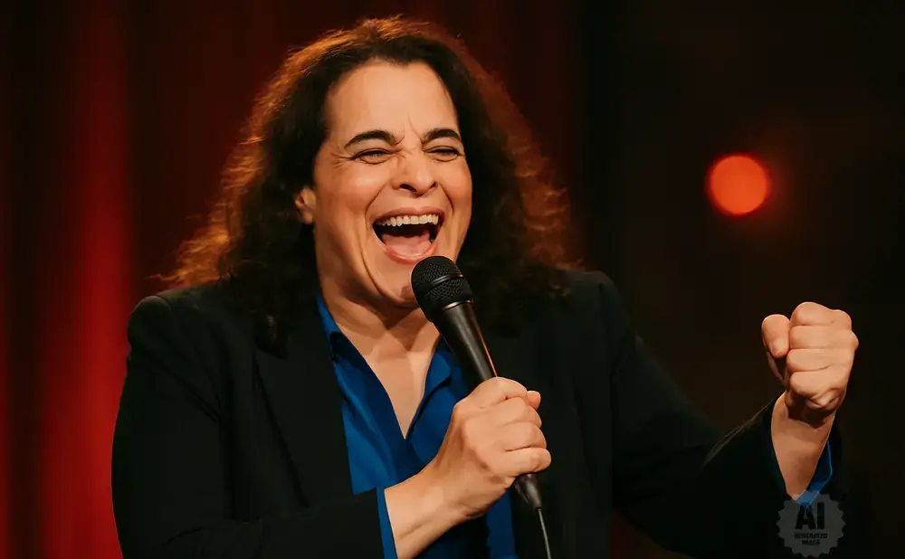 A person laughs into a microphone, fist raised, on a stage with red curtains.