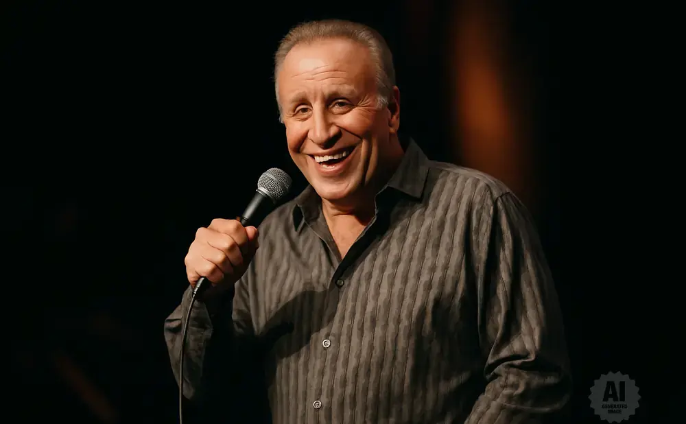A man with a wide smile holds a microphone and wears a striped shirt.