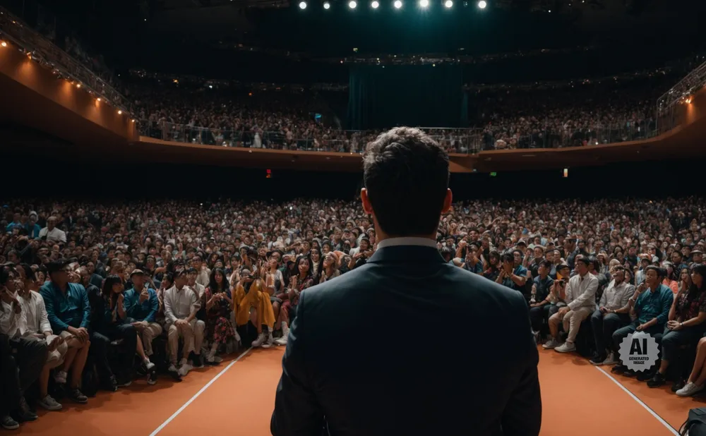 A man in a suit faces a large, cheering audience in a theater.
